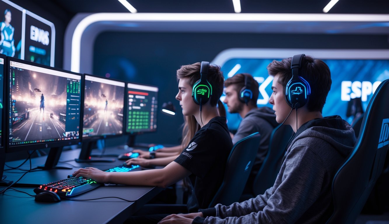 Sekelompok orang muda sedang bermain dan berdiskusi tentang esports dan judi esports di ruangan gaming modern dengan komputer dan perangkat gaming.