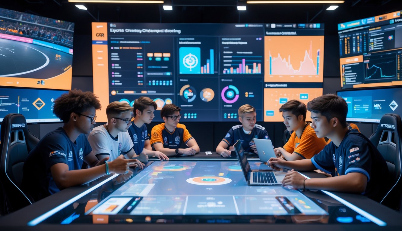 Sekelompok pemain dan pelatih esports sedang berdiskusi dan menganalisis strategi permainan di sebuah ruang studio gaming modern dengan layar digital besar dan peralatan teknologi canggih.