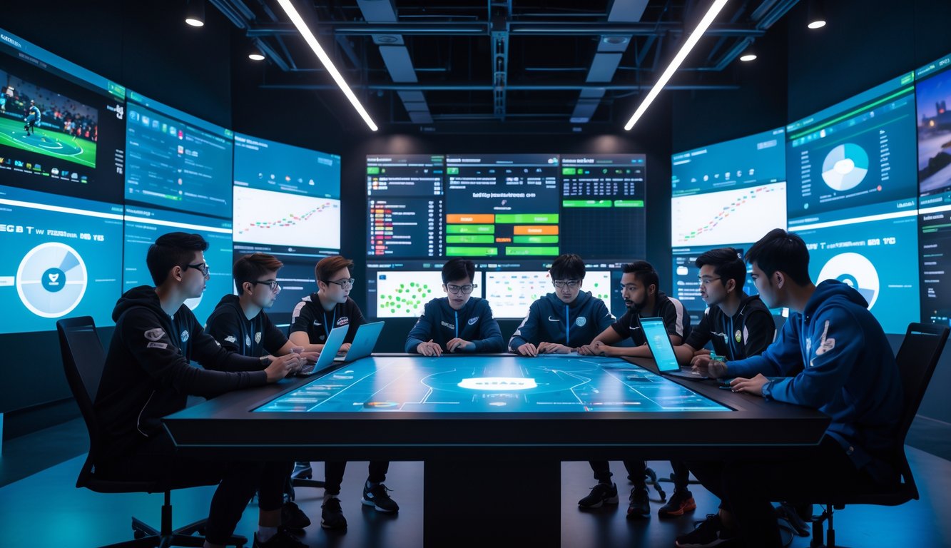 Sekelompok analis dan pemain esports sedang berdiskusi di ruangan berteknologi tinggi dengan layar besar menampilkan data dan strategi permainan.