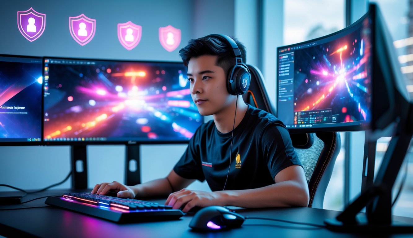 Seorang pemain esports muda yang fokus bermain di depan beberapa monitor dengan tampilan permainan yang cerah dan peralatan gaming di meja.