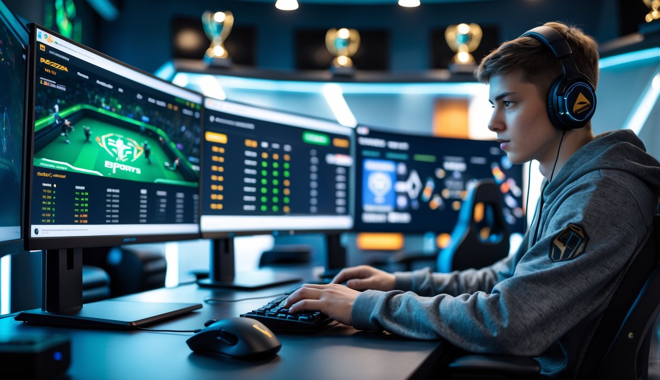 Seorang dewasa muda sedang menganalisis peluang taruhan esports di depan beberapa monitor dalam ruangan gaming modern.