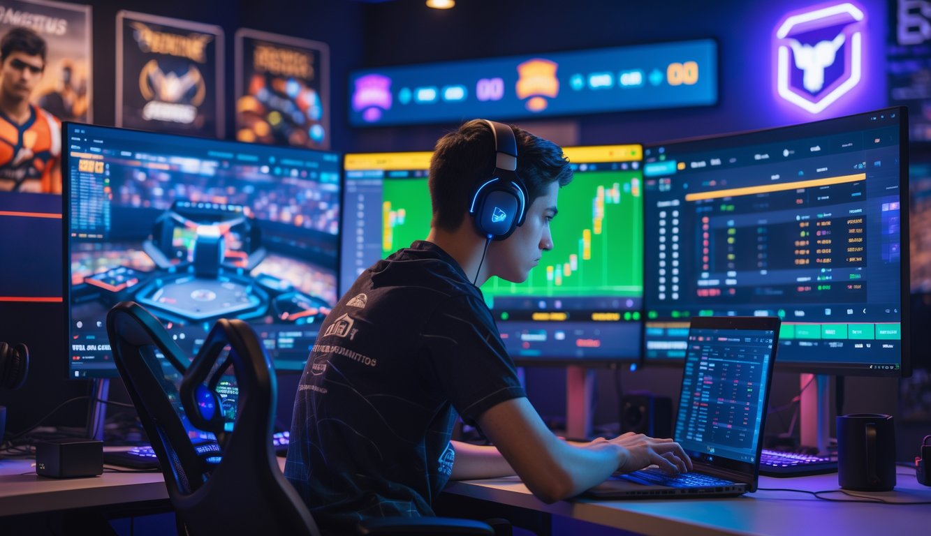 Seorang pria muda sedang menganalisis data taruhan judi esports di depan beberapa layar komputer dengan tampilan statistik dan pertandingan esports.