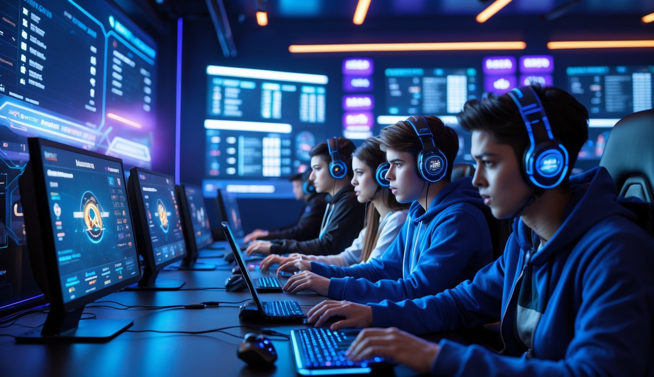 Sejumlah gamer muda fokus bermain esports di ruangan modern dengan monitor dan perangkat digital yang menampilkan pertandingan dan data taruhan.