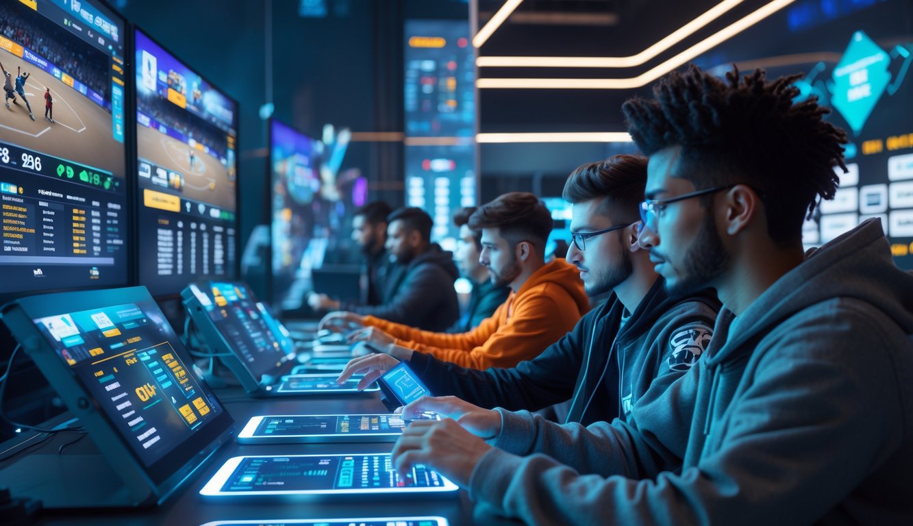 Sejumlah gamer muda sedang bermain dan menggunakan perangkat digital dalam lingkungan esports modern dengan layar besar menampilkan permainan dan statistik taruhan.