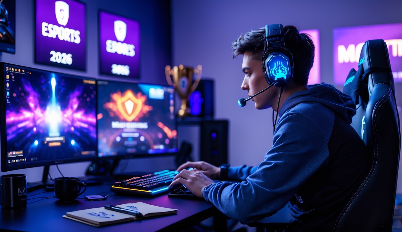 Seorang pemain esports muda yang fokus duduk di depan komputer dengan beberapa monitor menampilkan permainan esports, memakai headset dan menggunakan keyboard serta mouse gaming, di ruang dengan pencahayaan ambient biru dan ungu.