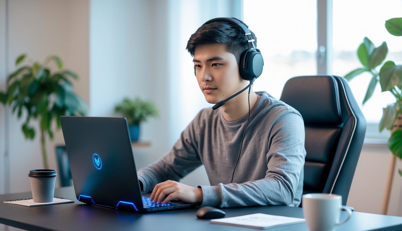 Seorang pria muda duduk di meja dengan laptop dan headset gaming, tampak fokus dan tenang saat bermain judi esports di ruangan yang rapi dan terang.