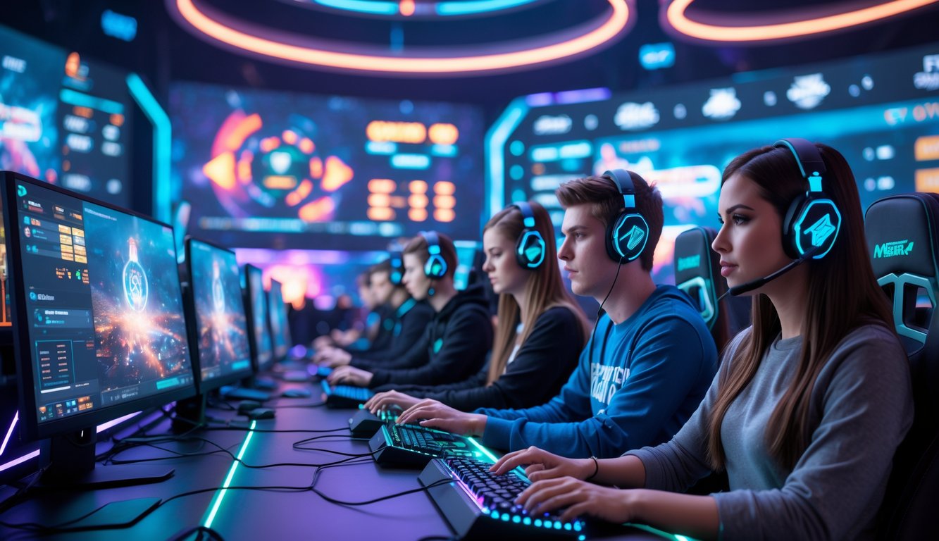 Sekelompok pemain muda sedang bermain game esports di arena gaming futuristik dengan layar besar dan pencahayaan neon.