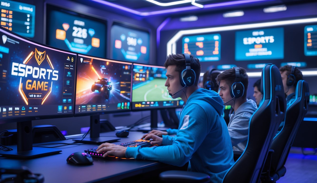 Sekelompok pemain muda sedang bermain game esports dengan layar besar dan peralatan gaming di ruang modern dengan pencahayaan biru dan ungu.