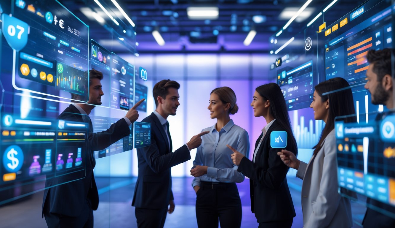 Sekelompok profesional muda sedang menganalisis data platform judi esports di kantor futuristik dengan layar digital transparan.