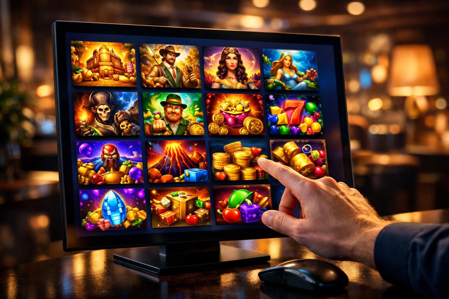 A Person Selecting A Slot Machine Game On A Computer Screen In A Modern Gaming Lounge.