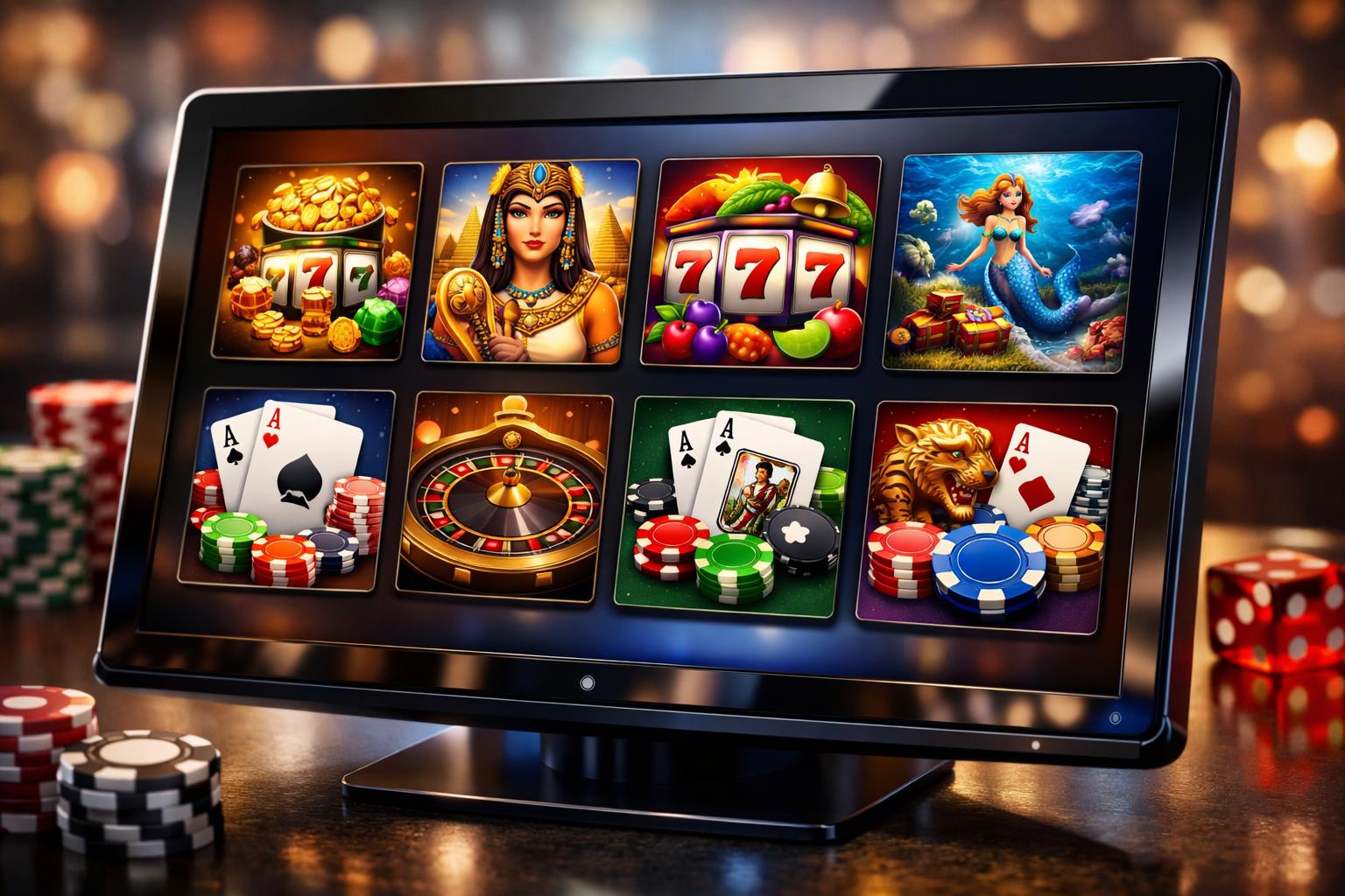 A Touchscreen Device Showing A Colorful Selection Of Casino Game Icons With Casino Chips And Cards In The Background.
