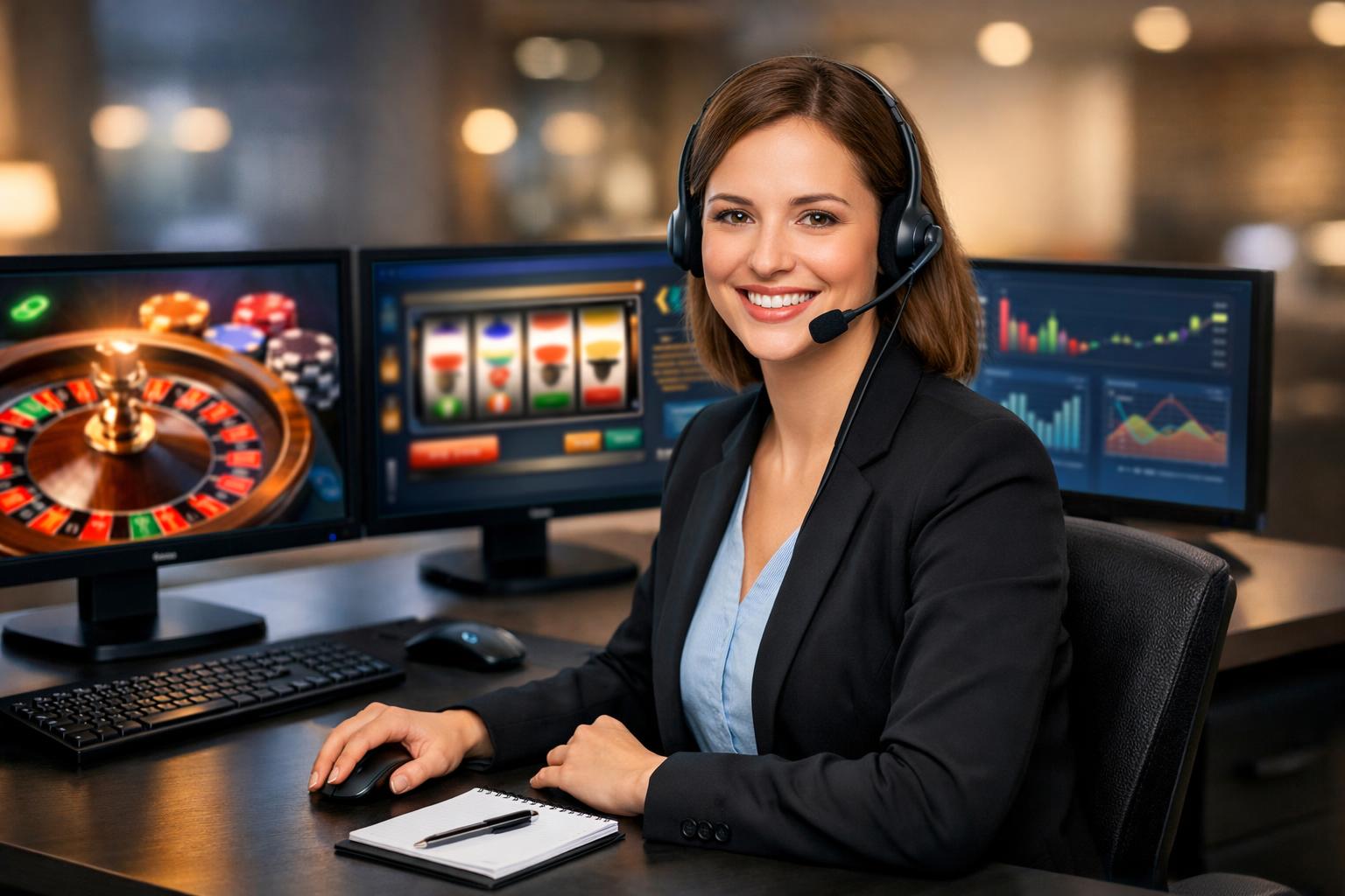 A Customer Support Representative Wearing A Headset, Sitting At A Desk With Multiple Computer Monitors In A Modern Office Setting.