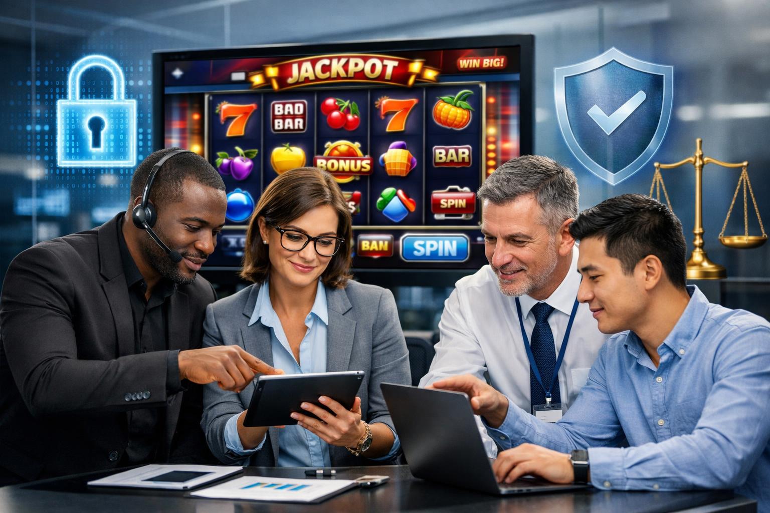A Group Of Professionals Discussing Online Casino Security And Fairness With Digital Devices And Security Icons Visible On A Computer Screen.