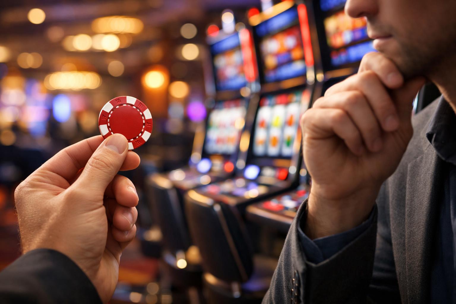 A Person Holding A Casino Chip In Front Of Brightly Lit Slot Machines In A Casino.