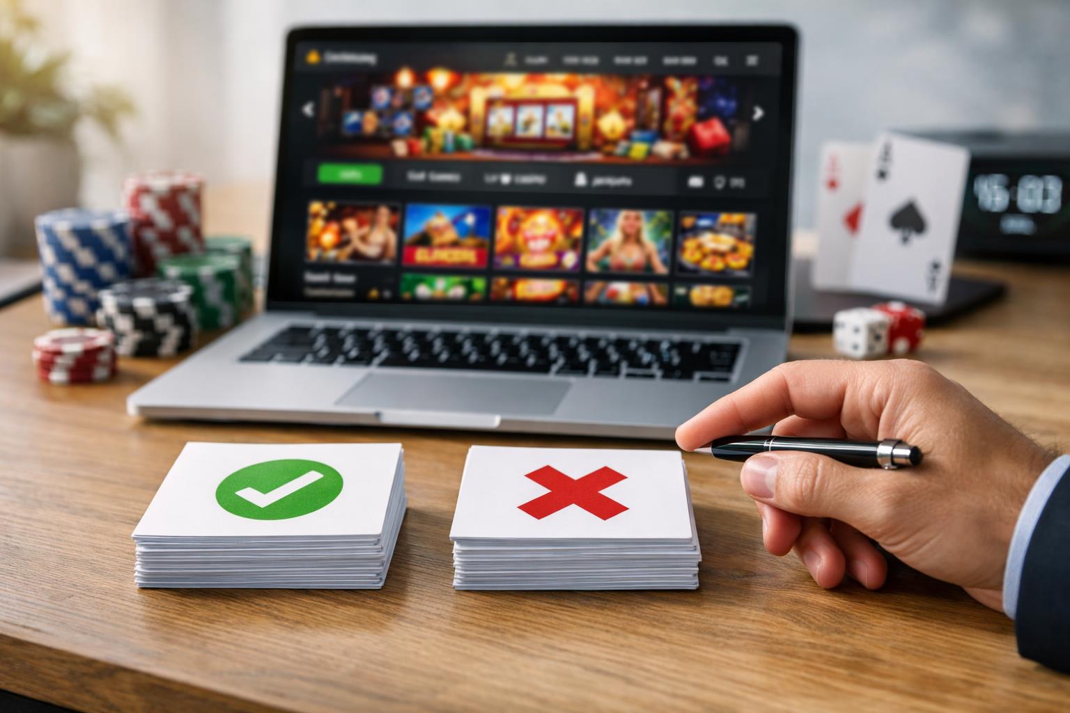A Person Reviewing Pros And Cons Of An Online Casino On A Laptop With Poker Chips And Playing Cards On A Desk.
