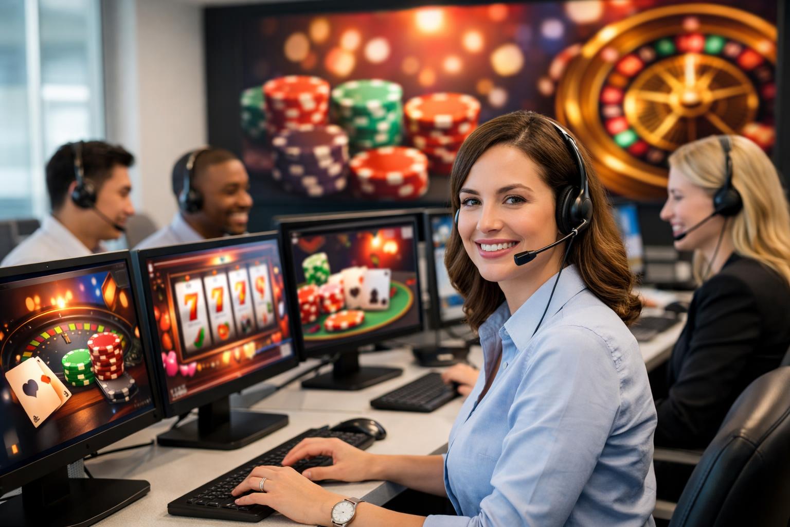 Customer Support Representatives At Desks With Computers Showing CasinoThemed Visuals In A Modern Office Setting.
