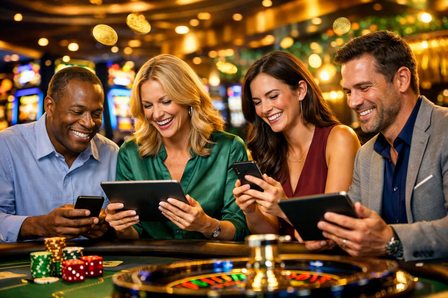 People Using Digital Devices In A Modern Casino Setting With Slot Machines And Gaming Tables Around Them.