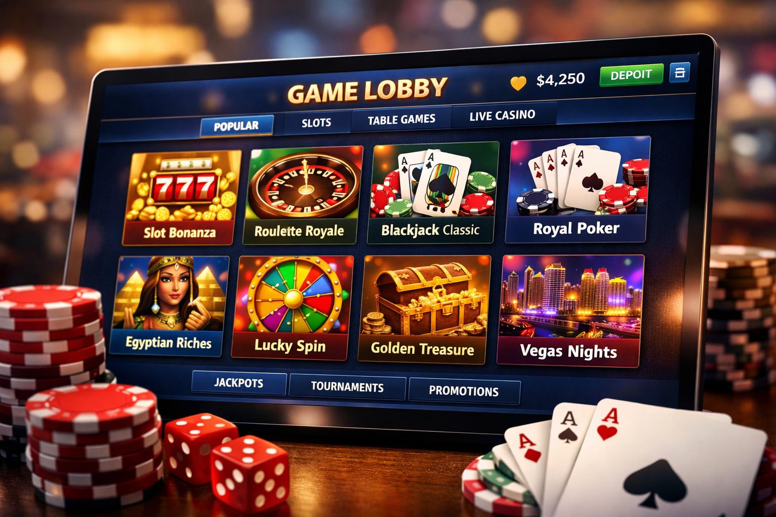 A CloseUp Of A Digital Device Displaying A Colorful Online Casino Game Selection Screen With Various Game Icons And CasinoThemed Items Nearby.
