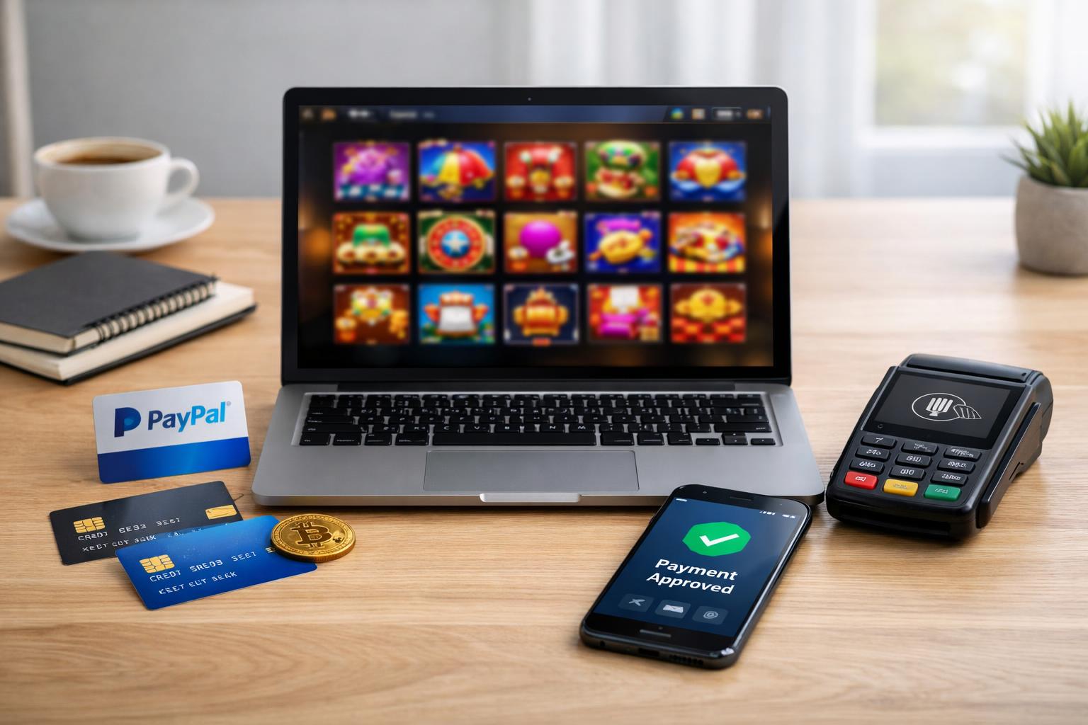 A Workspace With A Laptop Showing A Digital Casino Interface, Surrounded By Credit Cards, A Smartphone With A Payment App, And A Digital Wallet On A Clean Desk.