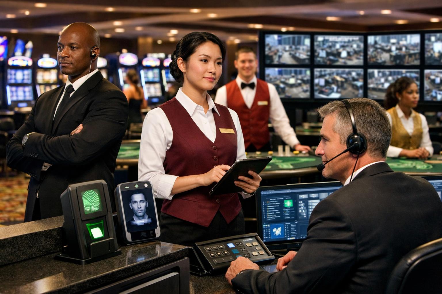 A Casino Floor With Staff Monitoring Security Equipment And Surveillance Screens, Showing A Safe And Fair Gaming Environment.