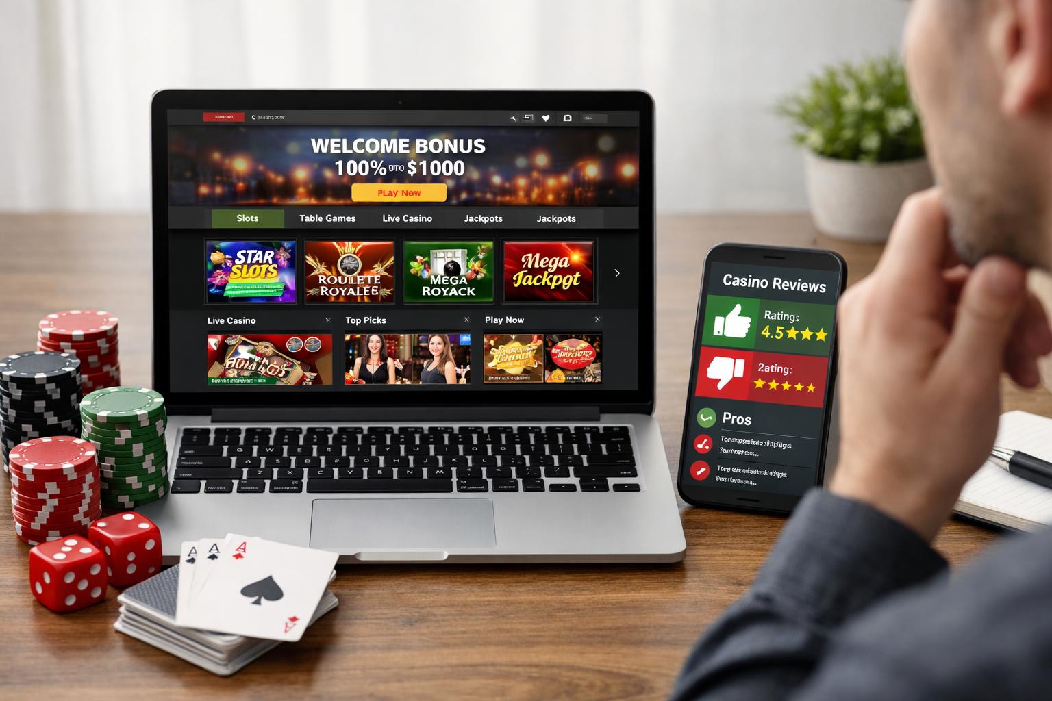 A Workspace With A Laptop Showing A Casino Website, Poker Chips, Playing Cards, And A Smartphone, With A Person Analyzing The Information.