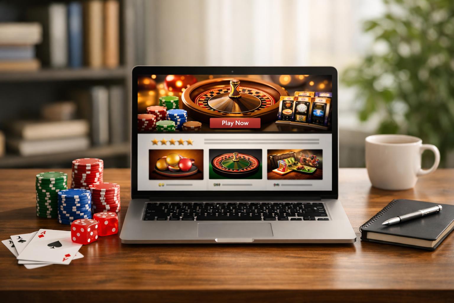 A Modern Workspace With A Laptop Showing A Casino Website, Poker Chips, Playing Cards, And Dice On A Desk In An Office Setting.
