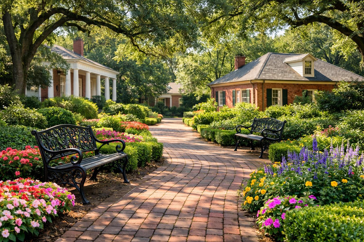 A peaceful garden path with colorful flowers, green shrubs, benches, and historic buildings surrounded by large trees.