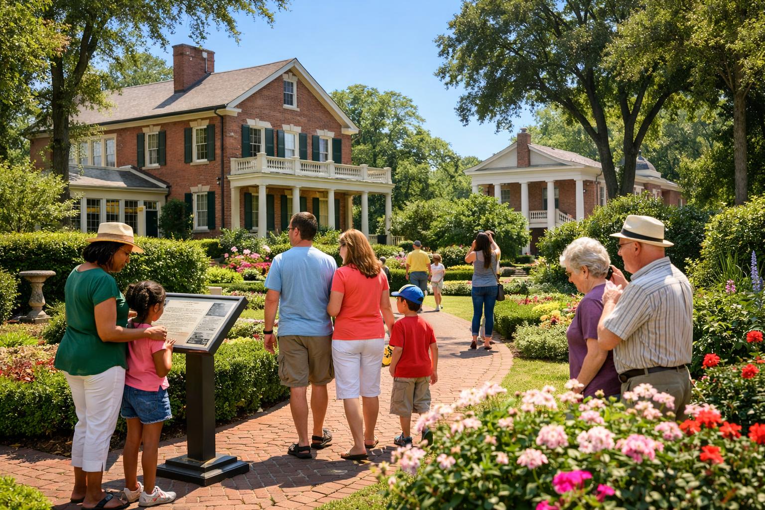 Visitors walking through lush gardens and historic buildings at the Biedenharn Museum & Gardens in Monroe, Louisiana.