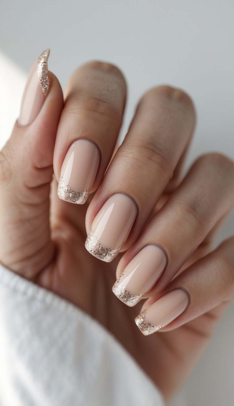 Close-up of one hand with champagne nude nails featuring fine glitter tips against a white background.