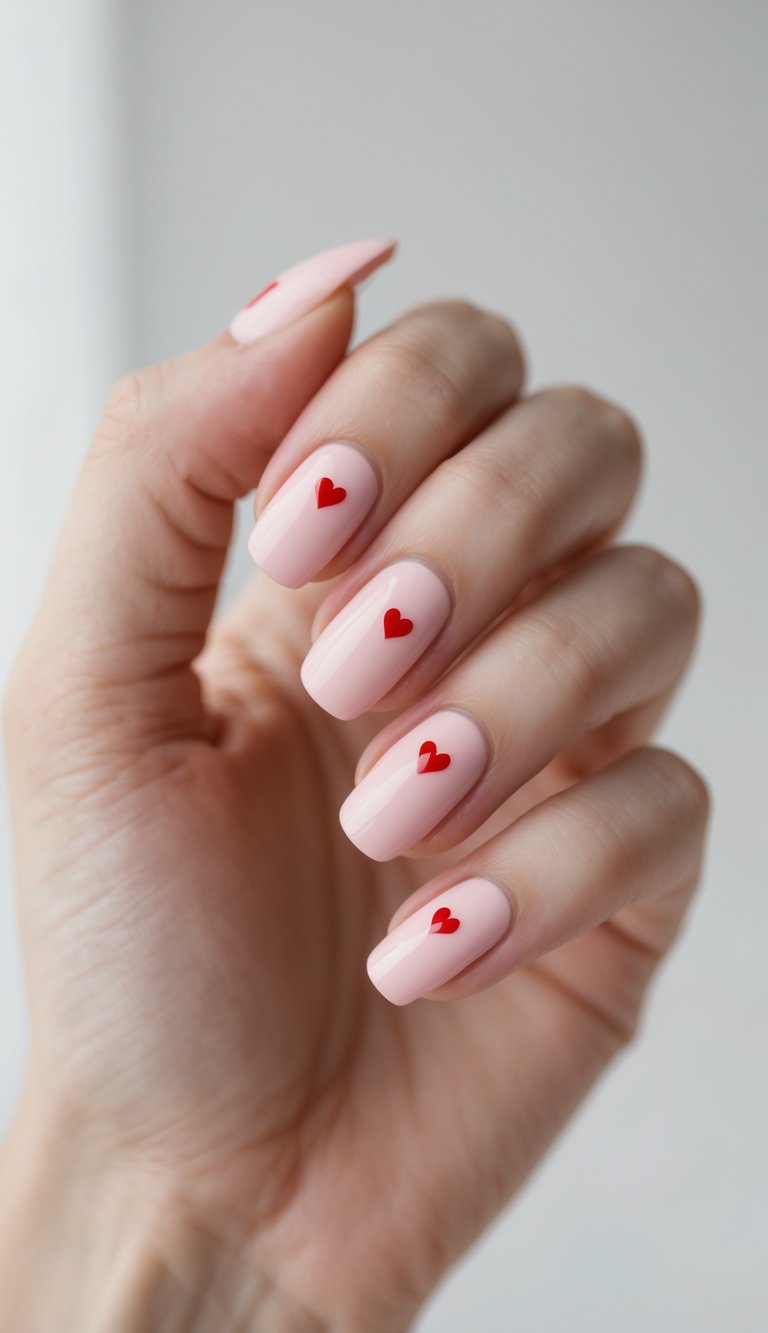 Close-up of one hand with soft pink nails and small red heart designs on each nail against a white background.