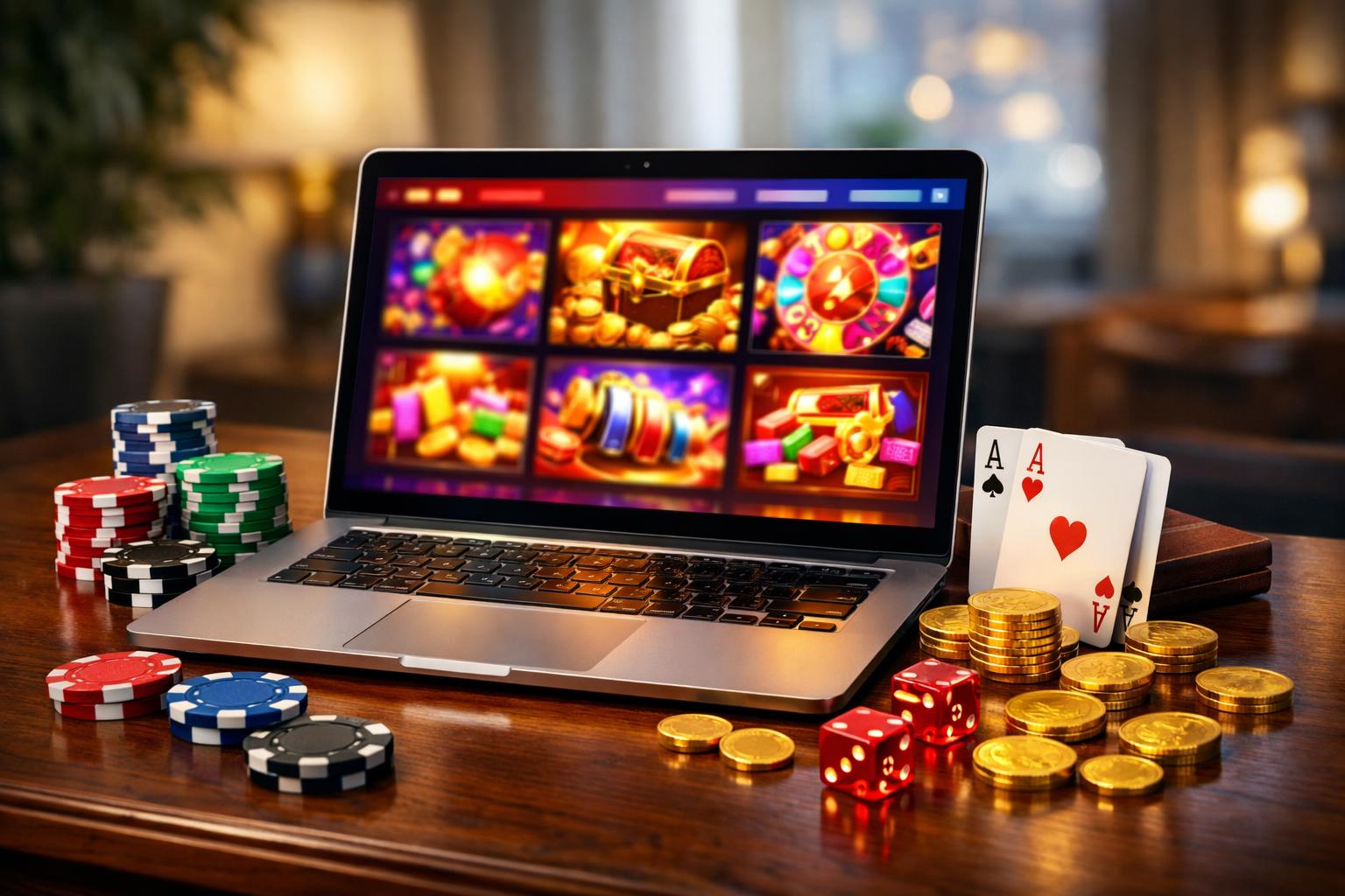 A Laptop On A Desk Showing A Colorful Casino Website With Poker Chips, Playing Cards, And Gold Coins Arranged Around It.