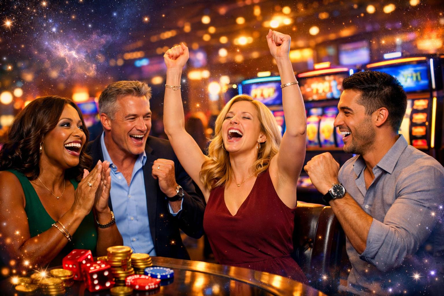 A Group Of Adults Celebrating A Win In A Modern Casino With Glowing Slot Machines And CosmicThemed Decorations.