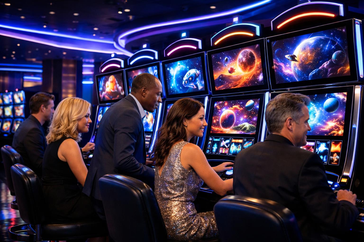 A Group Of People Selecting And Playing CosmicThemed Slot Machines In A Modern Casino With Colorful Lights.