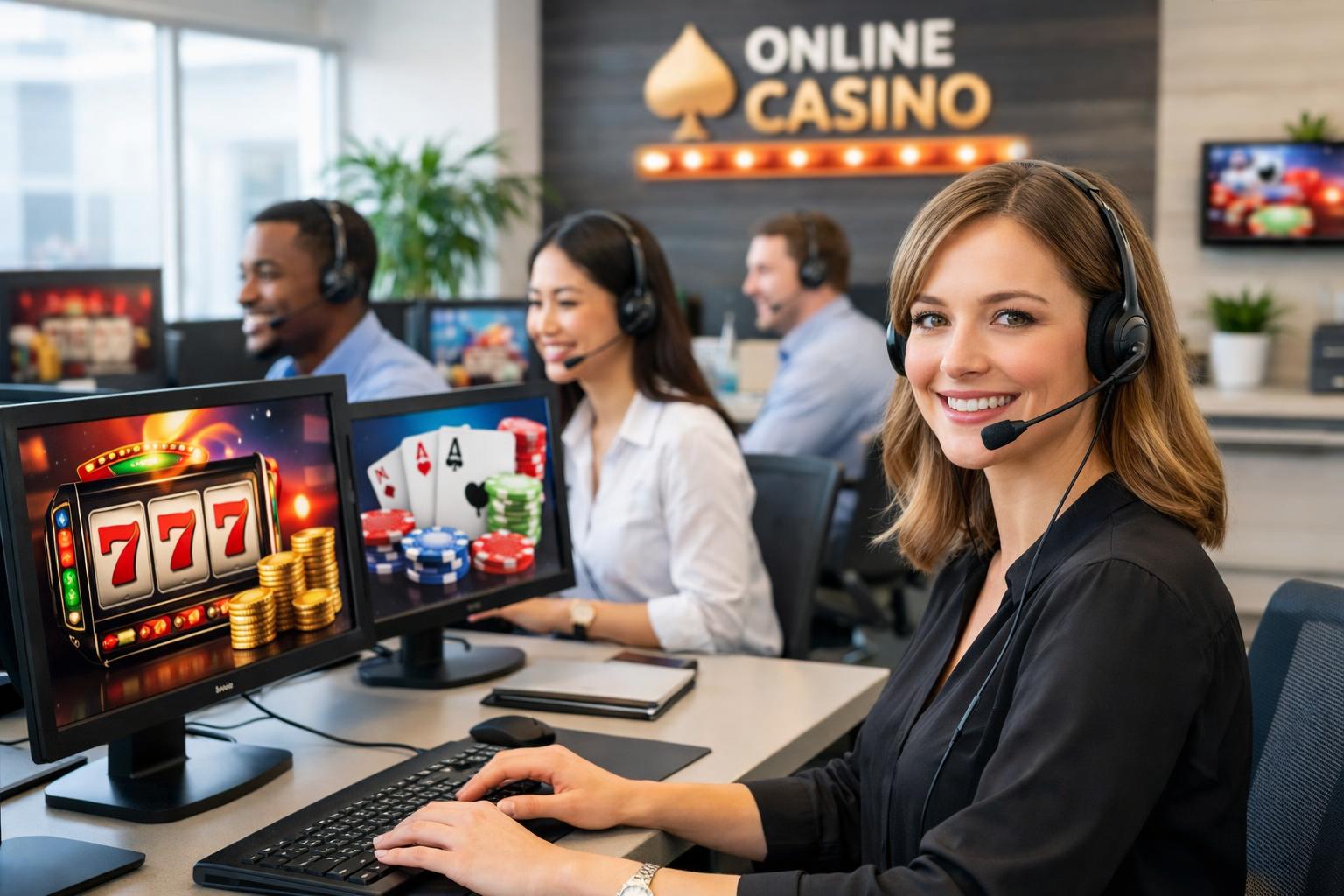 Customer Support Representatives Wearing Headsets Working At Computers In A Modern Office Environment.