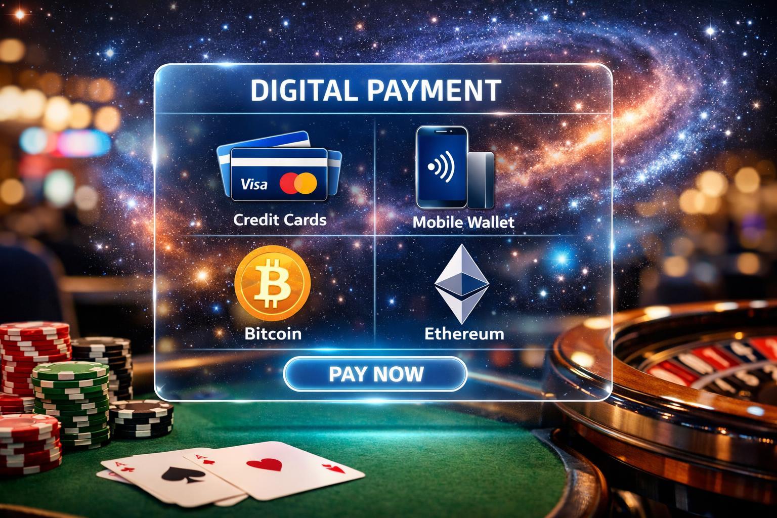 A Futuristic Digital Payment Interface Floating Above A Casino Table With Chips, Cards, And A Roulette Wheel, Set Against A CosmicThemed Background.