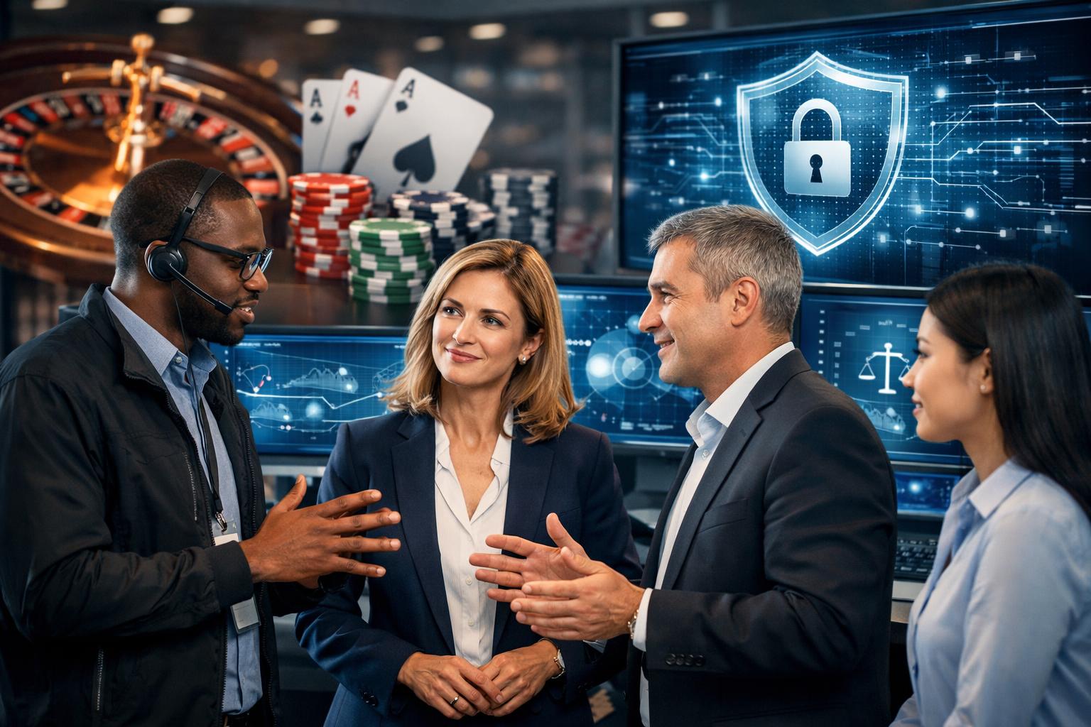 A Group Of Professionals Discussing Security Measures In A Modern Office With Digital Casino Elements In The Background.