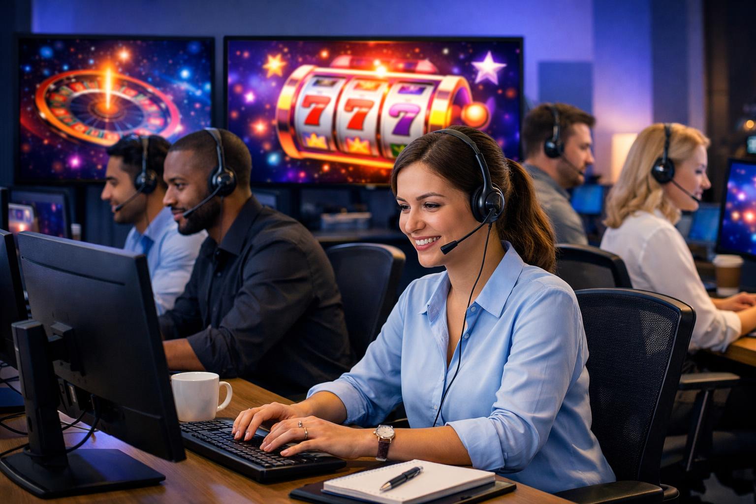 Customer Support Agents Wearing Headsets Working At Computers In A Modern Office With Cosmic And CasinoThemed Visuals On Screens.