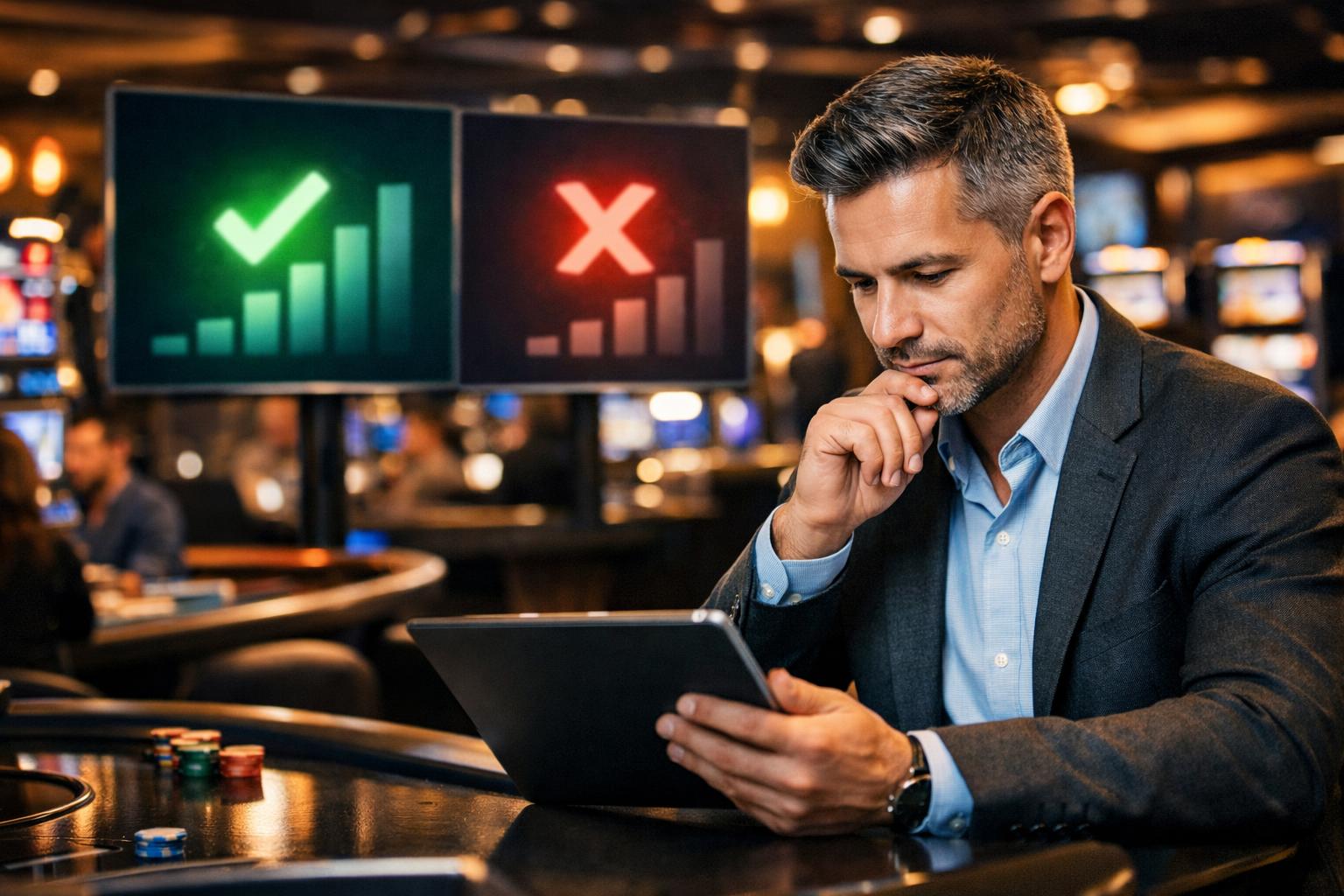 A Person Reviewing Data On A Tablet In A Modern Casino Setting With Gaming Tables And Slot Machines In The Background.