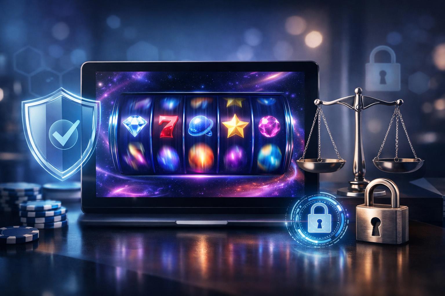 A Digital Device Displaying CosmicThemed Slot Reels With Symbols Of Security And Fairness Like A Shield, Balanced Scales, And Lock Icons Around It.