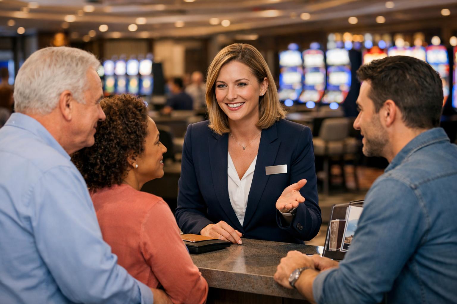 A Customer Service Representative Assisting A Group Of People In A Modern Casino Setting With Slot Machines And Gaming Tables In The Background.