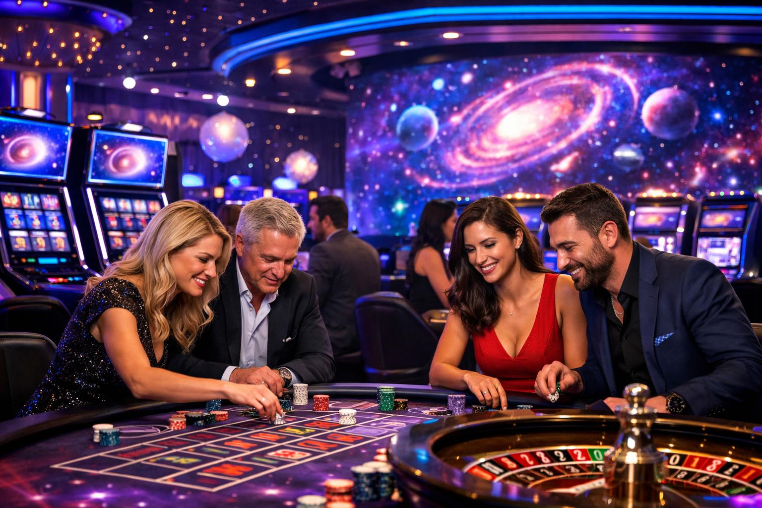 A Group Of People Playing Casino Games In A Modern Casino With Colorful Neon Lights And SpaceThemed Decorations.
