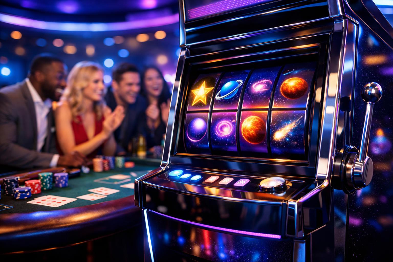 A Modern Casino Scene With A Futuristic Slot Machine Showing Cosmic Symbols And People Enjoying The Gaming Experience.
