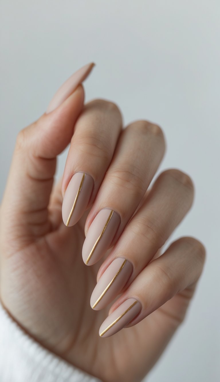 Close-up of one hand with nude nails featuring a single thin gold stripe on each nail against a white background.