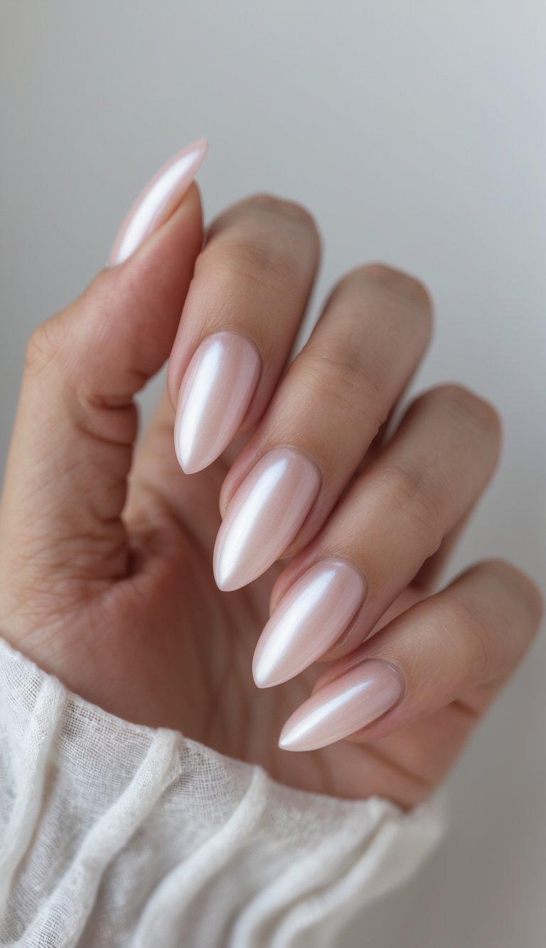 Close-up of one hand with sheer pink pearl polished nails against a white background.