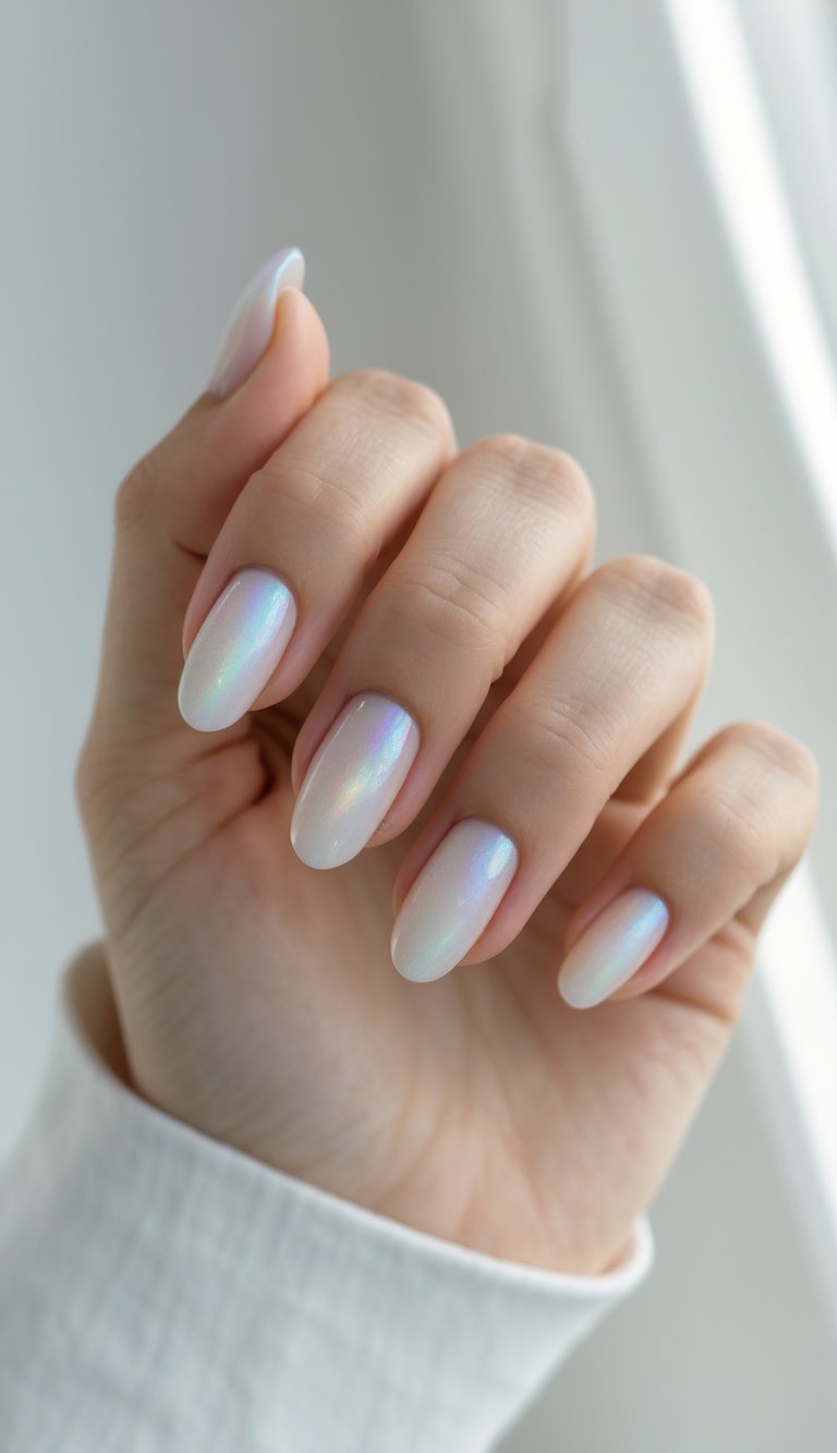 Close-up of one hand with pearlescent opal bridal nails against a white background.