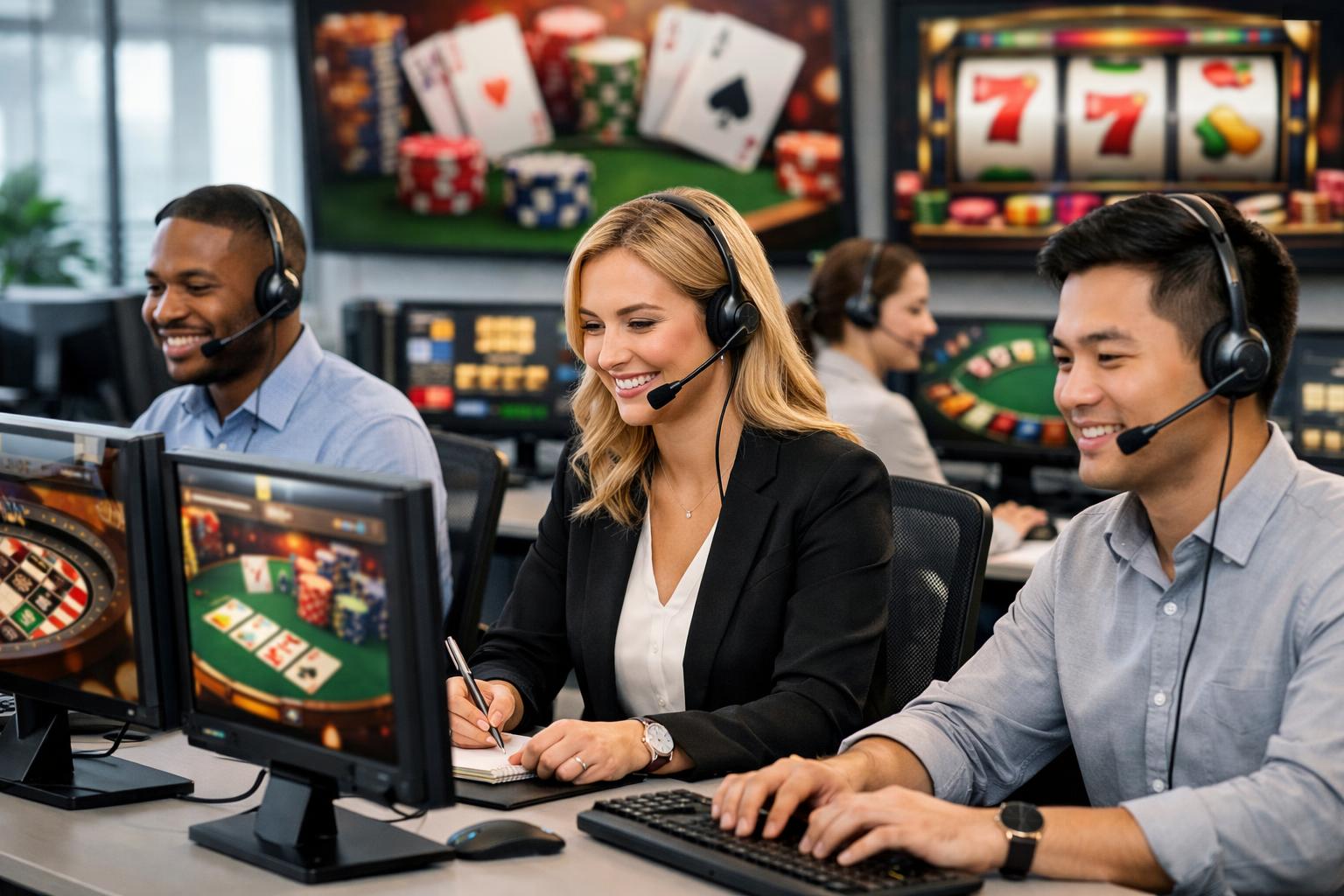 Customer Support Team Working At Desks With Computers And Headsets In A Bright Office With CasinoThemed Screens In The Background.