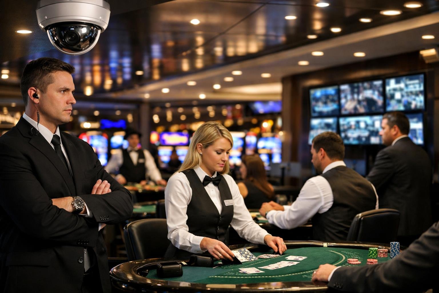 A Casino Floor With Gaming Tables, Dealers, Security Personnel, And Surveillance Cameras Ensuring A Safe And Fair Environment.