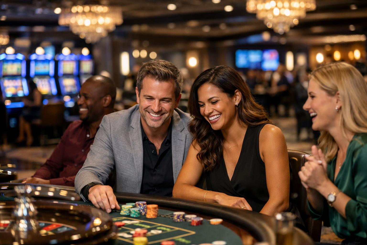 People Enjoying Casino Games In A Modern, WellLit Casino Interior With Slot Machines And Gaming Tables.