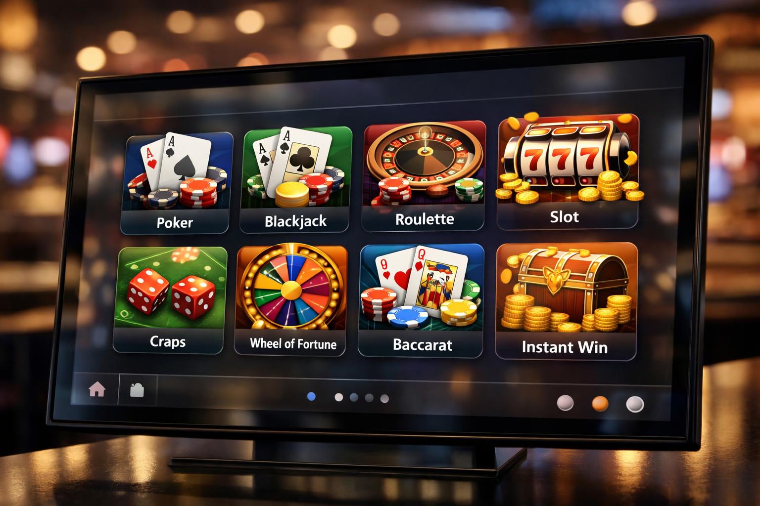 A Touchscreen Monitor Displaying A Variety Of Colorful Casino Game Icons In A Grid Layout With A Blurred Casino Background.