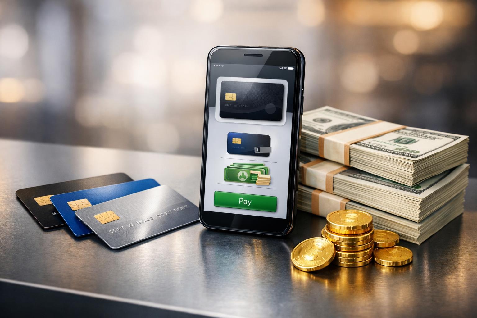 Various Payment Methods Including Credit Cards, Cash, Coins, And A Smartphone With A Digital Wallet App On A Modern Surface.